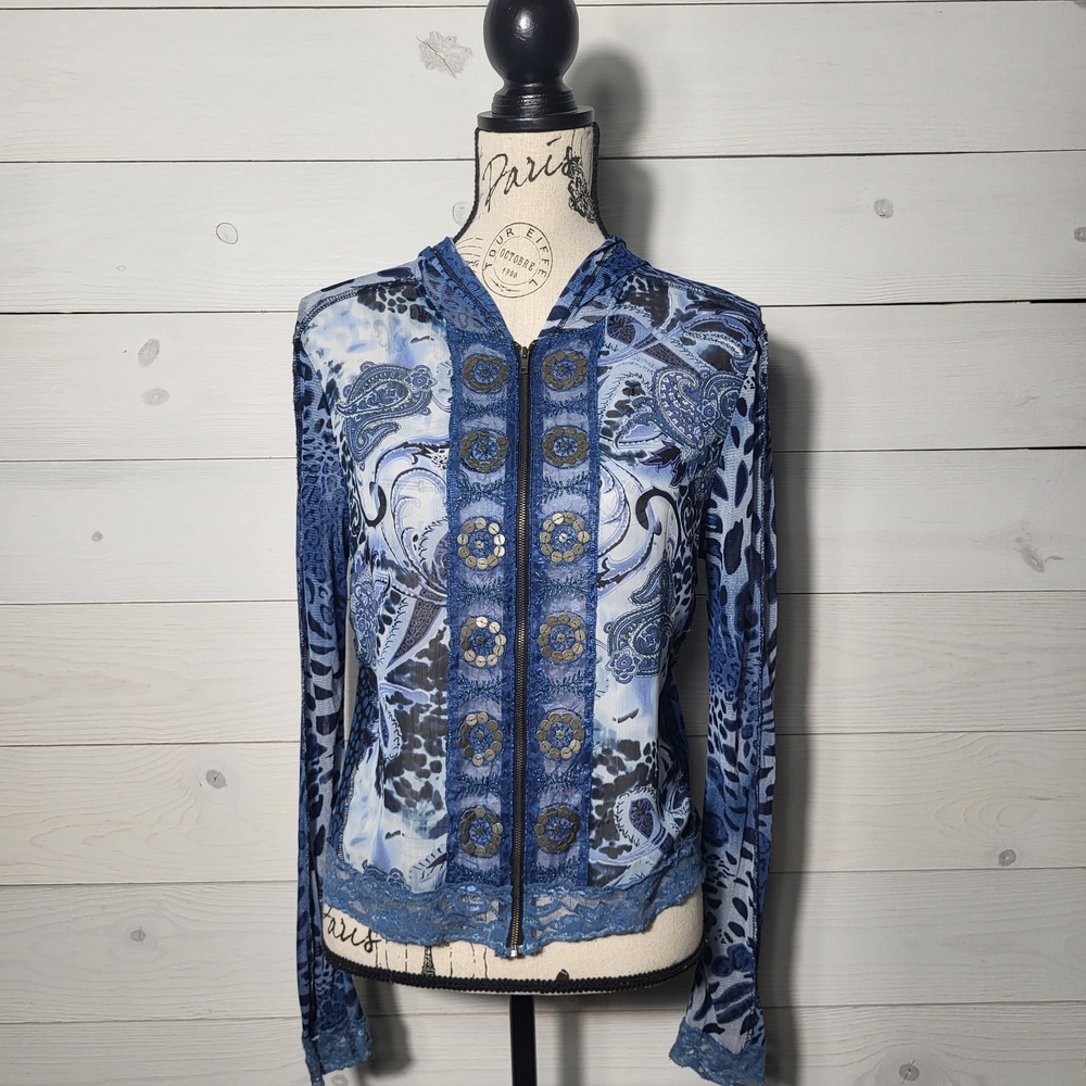 Y2k Dressbarn Jacket Zip Up Top Sheer Embellished Paisley Lace Trim Artsy BOHO